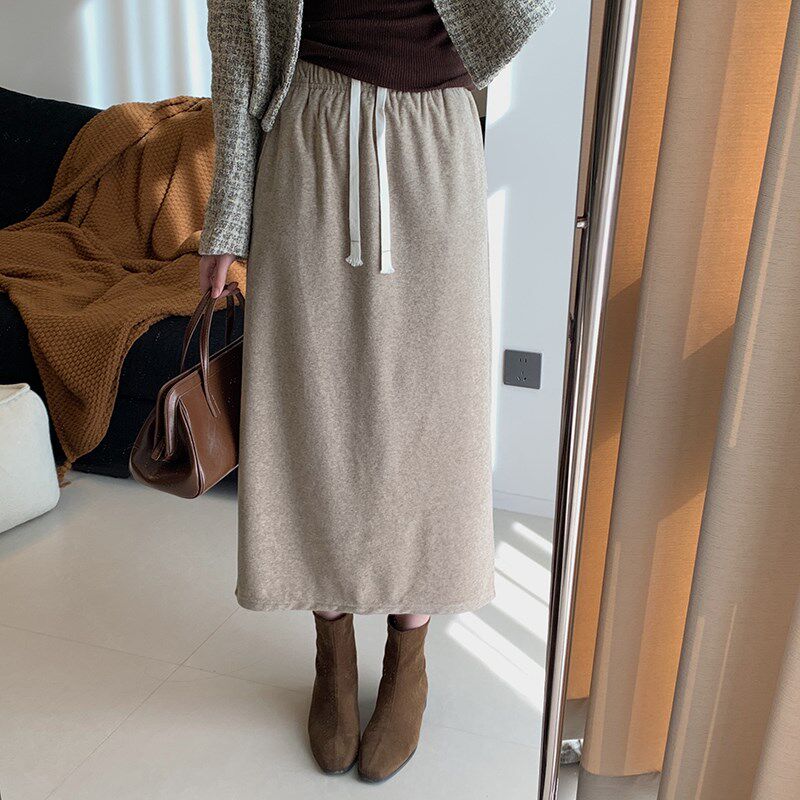 灰色半身裙女2023秋冬毛巾感后开叉针织裙高腰显瘦直筒中长款裙子