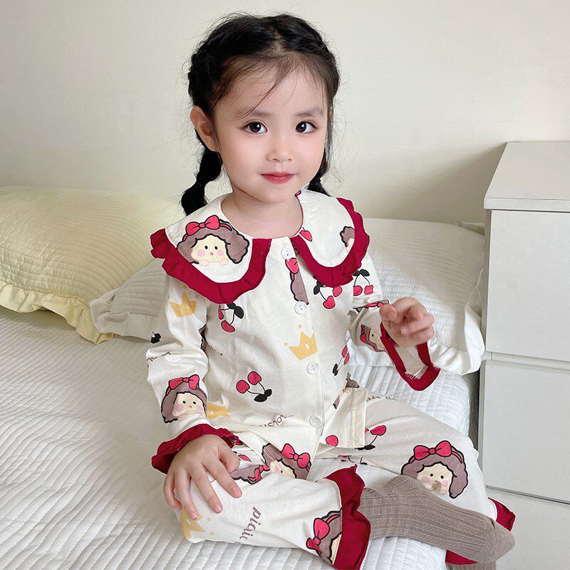 女童睡衣春秋儿童薄款家居服甜美花边秋季小女孩长袖纯棉套装翻领