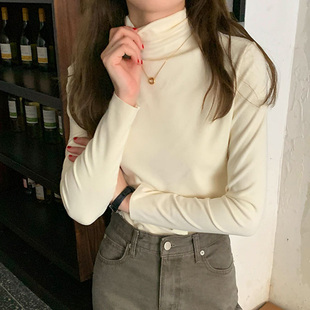 百思朵鹅黄色T恤高领德绒米黄色打底衫秋修身内搭长袖洋气上衣