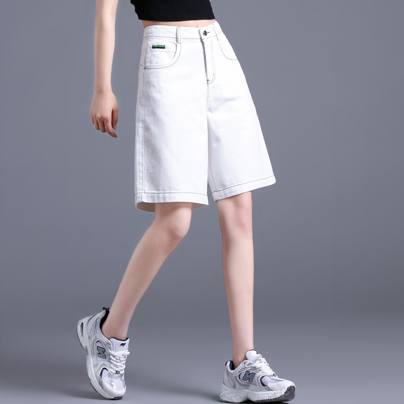白色牛仔短裤女高腰夏季2021年薄款a字宽松大码5分中裤阔腿五分裤