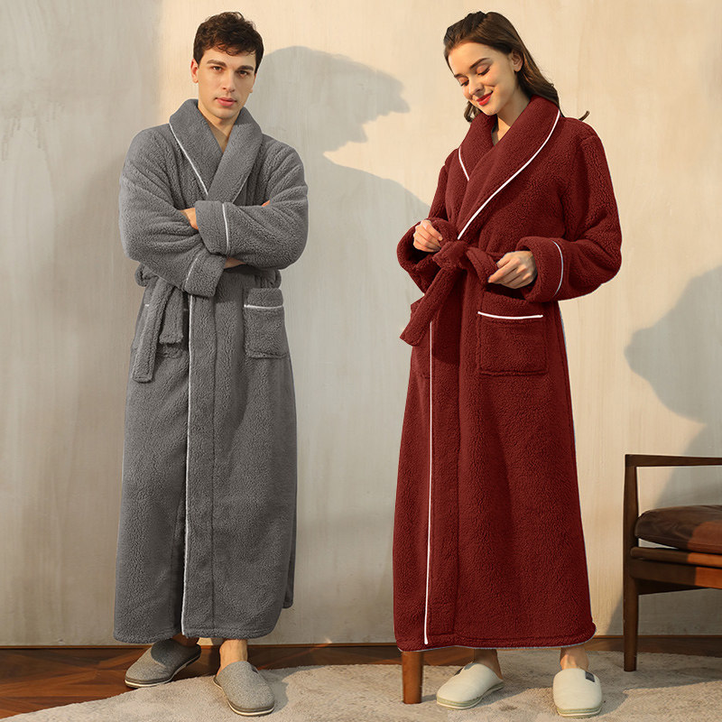 加绒双面珊瑚绒加肥加大码男士秋冬季浴袍睡衣睡袍女情侣加厚长版