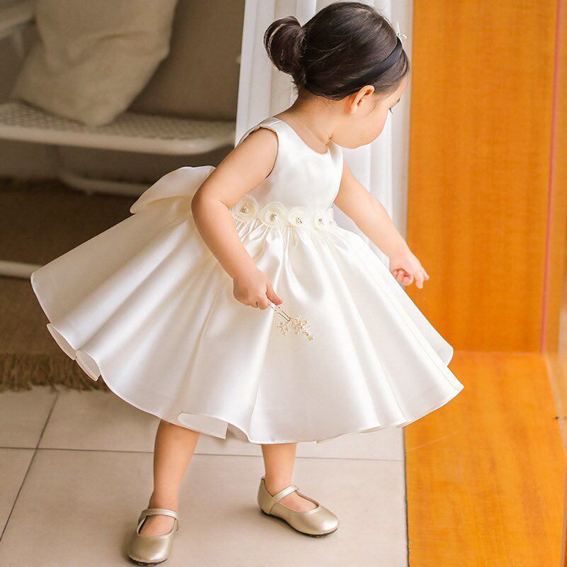 宝宝一周岁礼服百天生日小花童女童婚礼小女孩婴儿缎面公主裙洋气