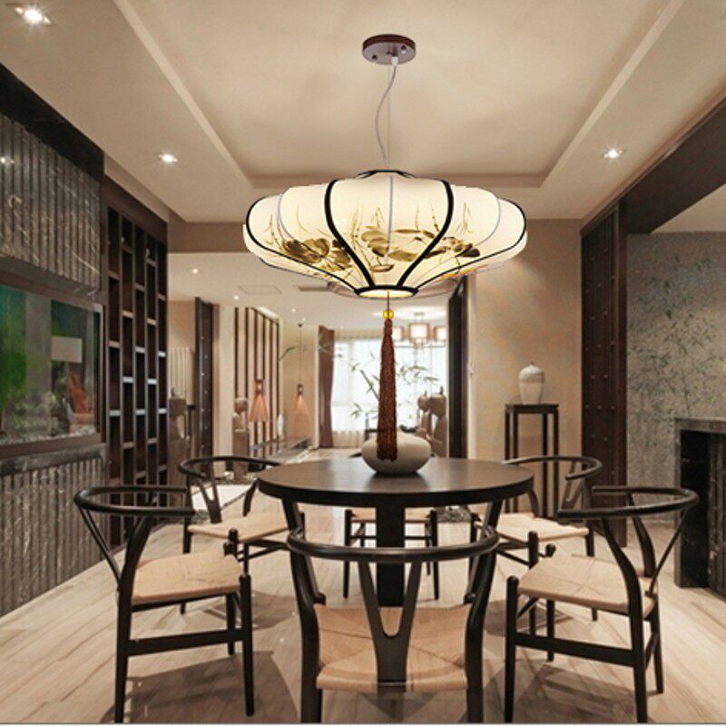 新中式吊灯餐厅灯创意个性禅意灯具仿古典饭店手绘布艺灯笼