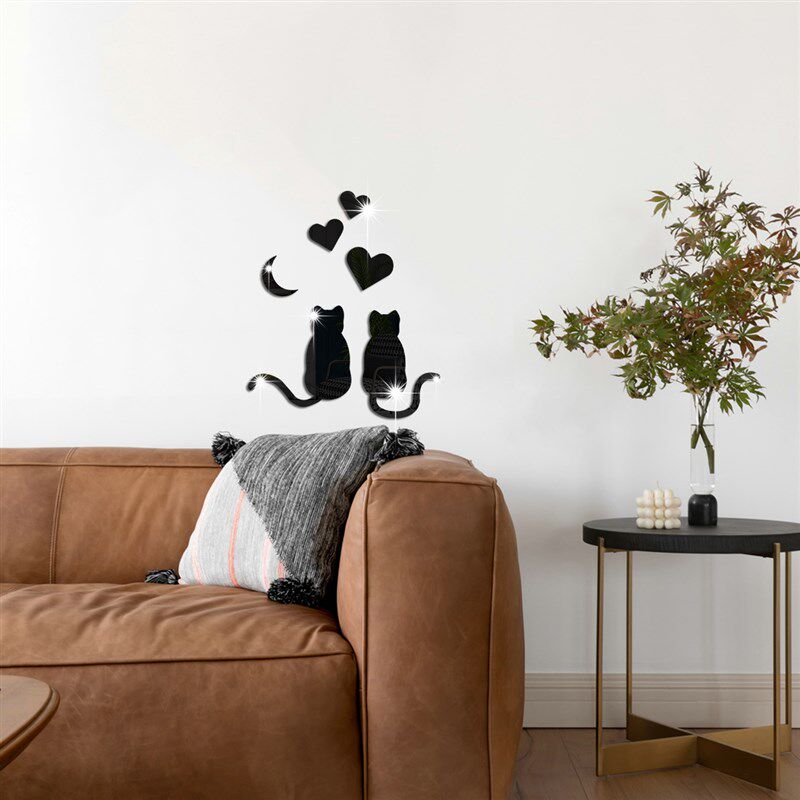爱心猫咪压克力镜面装饰布贴置客厅卧室床头3d立体压克力自粘墙贴