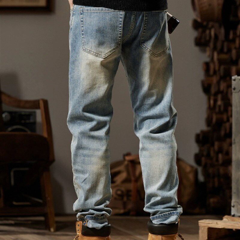 覆古浅蓝色加绒牛仔裤男春秋季浅色宽松直筒弹力水洗磨黄猫须裤子