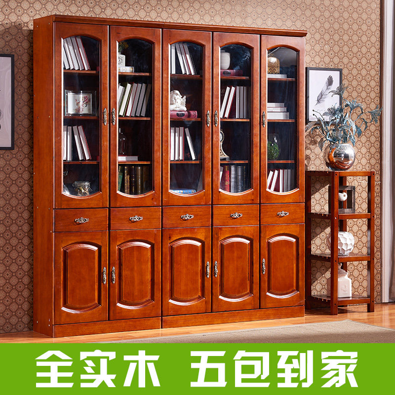 香樟木实木书柜三门两门欧美式书柜五门连转角组合带玻璃书橱书架