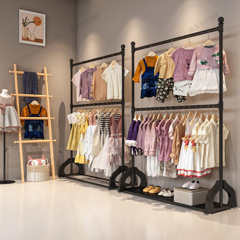 童装店展示架铁艺黑色专用衣服陈列货架组合服装店双层升降挂衣架