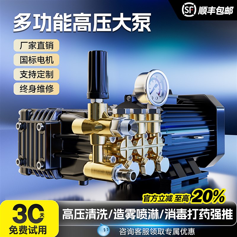 高压洗车机国标清洗机电机加泵头商用220V380V喷淋造雾增压柱塞泵