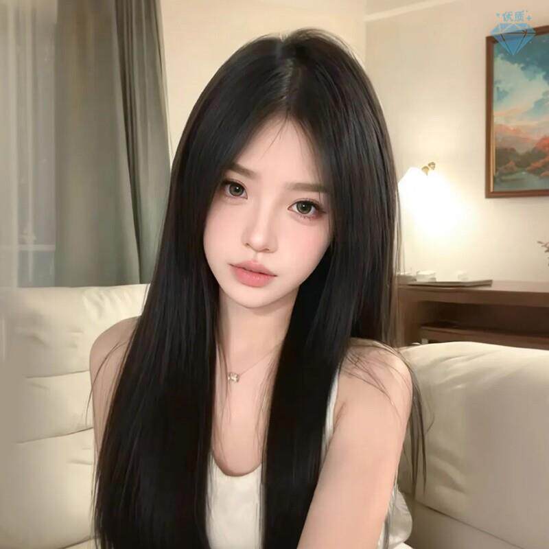 假发女长发中长版自然黑长直中分八字浏海圆脸全真人发全头套式
