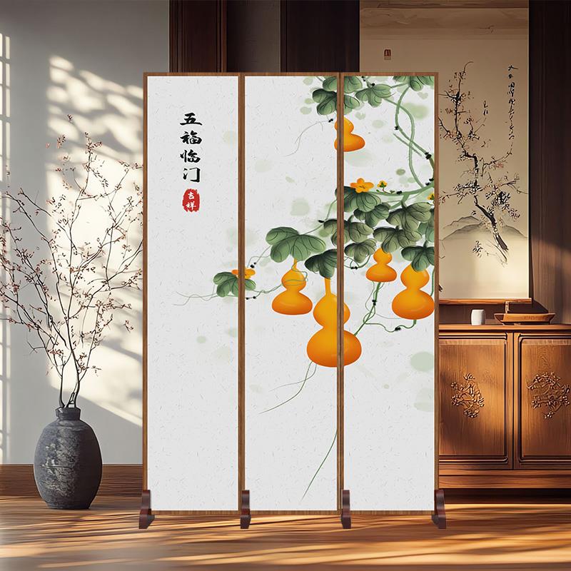 中式牡丹花屏风折屏家居客厅入户玄关装饰隔断画布艺折叠移动屏风