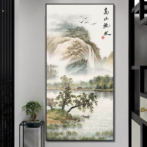 钻石贴画高山流水生财满钻新款2023山水风景砖石画走廊玄关中国风