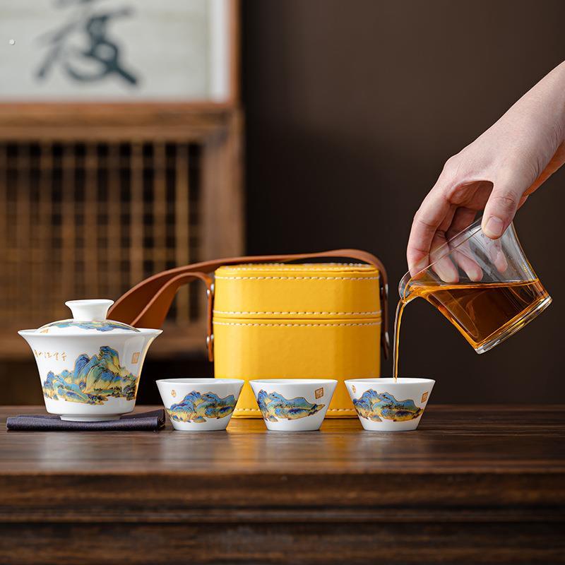 旅行茶具小套装羊脂玉白瓷功夫茶具户外便携式快客杯节庆礼品印字