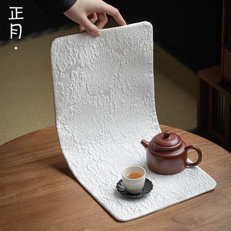 正月新中式纯白色茶席浮雕玫瑰双面防水干泡席长方形茶垫茶桌隔热