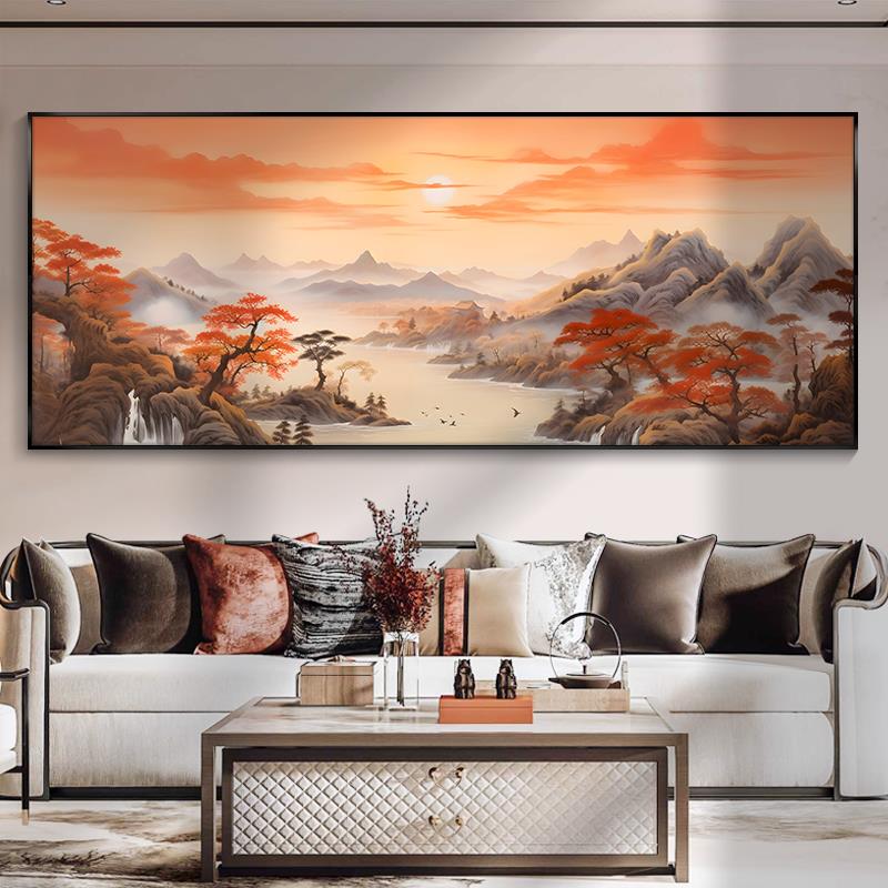 一帆风顺山水画办公室挂画新中式客厅装饰画茶室沙发背景墙水墨画