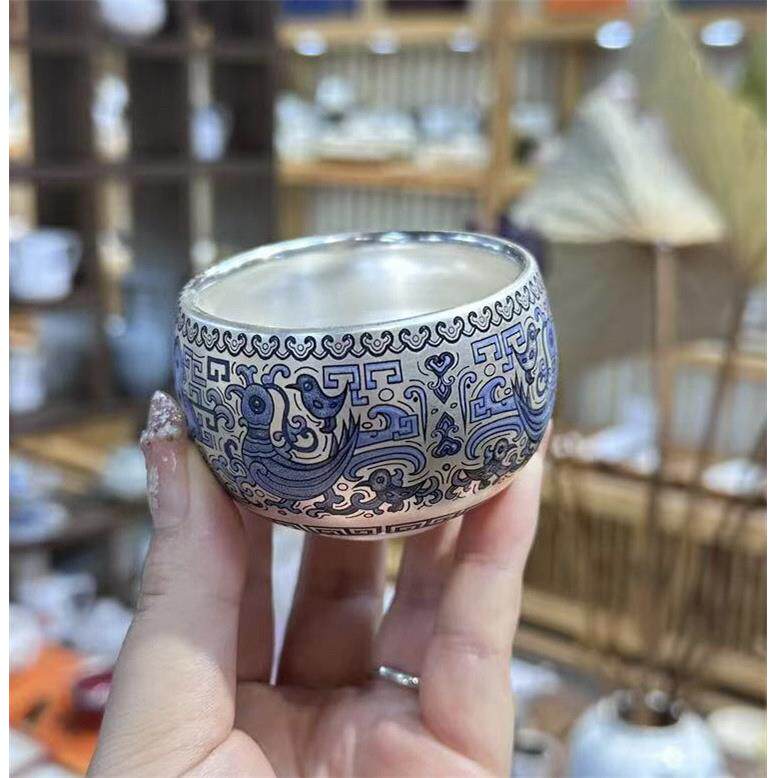 珐琅彩掐丝银杯鎏银陶瓷杯个人专用喝茶碗主人杯高档龙年送人礼品