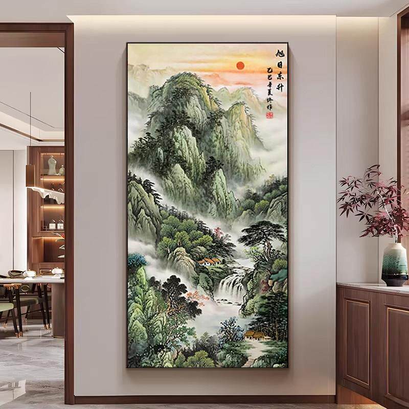 流水生财玄关装饰画靠山图八方来财旭日东升东墙竖版新中式山水画