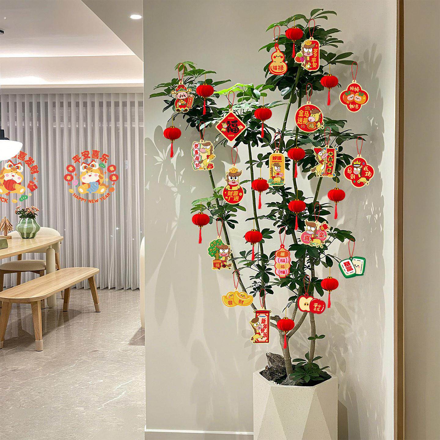 马年装饰挂件2026新款盆栽绿植新年灯笼室内挂饰春节过年氛围布置
