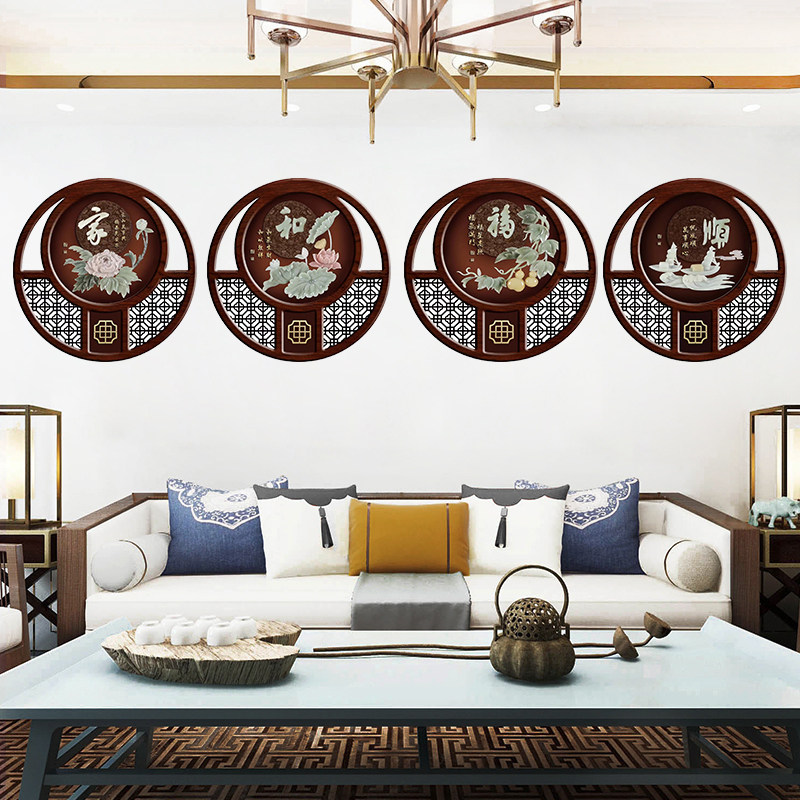 新中式玉雕装饰画客厅沙发背景墙挂画玄关玉石画圆形实木组合壁挂