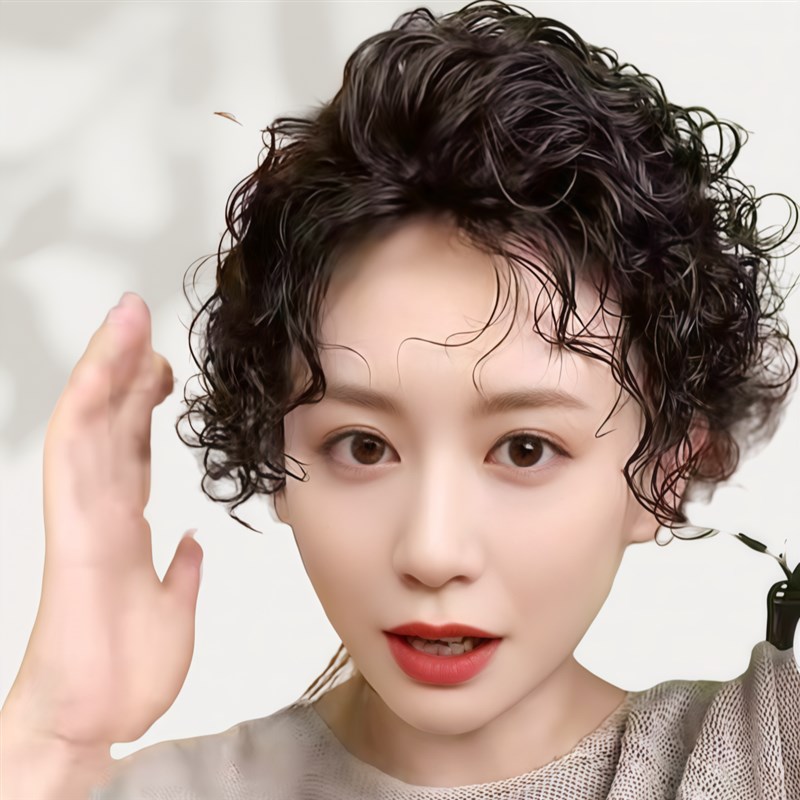 中老年假发补发片女士真发假发女发卷发斜刘海中长发真发羊毛卷