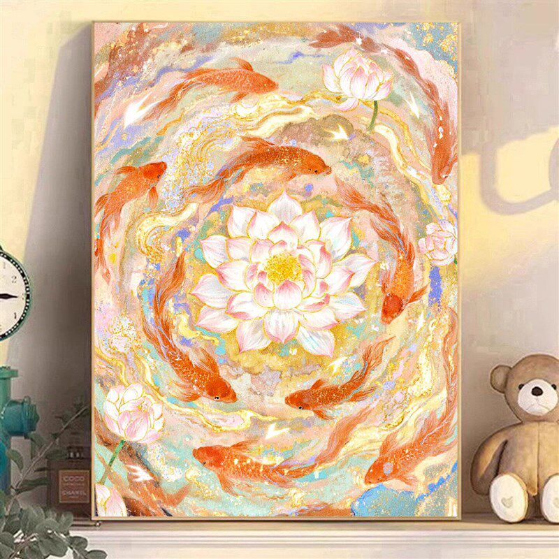 新中式DIY手工贴钻方钻满钻钻石画钻石绣带钻套件九转莲花九鱼图