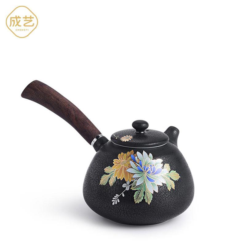 陶瓷铁锈釉茶壶中式立体手工扒花过滤功夫茶具木柄侧把壶单壶复古