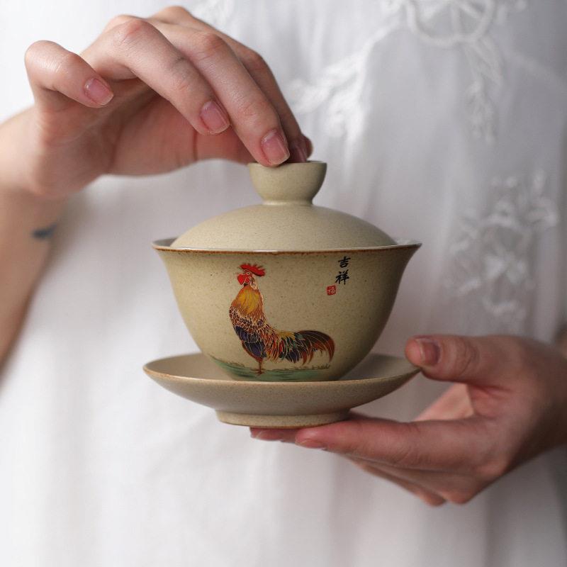 粗陶鸡缸盖碗仿古单个家用泡茶器大号陶瓷泡茶碗功夫茶具三才盖碗