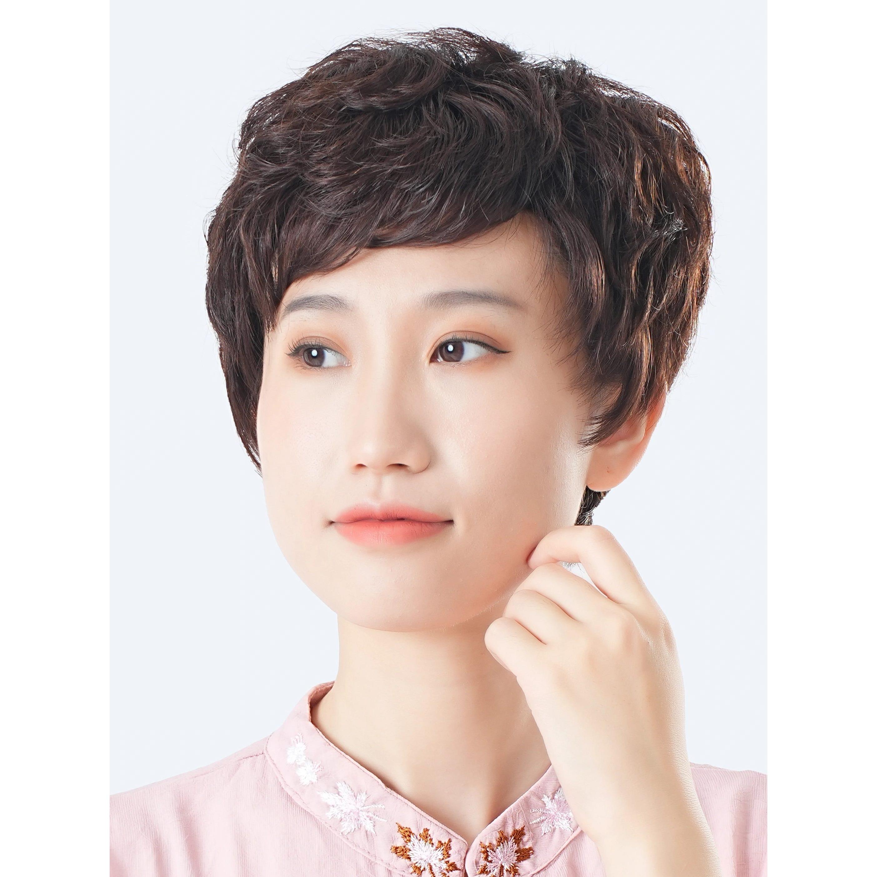 假发女中老年时尚自然短卷发斜刘海减龄光头头套透气自然假发