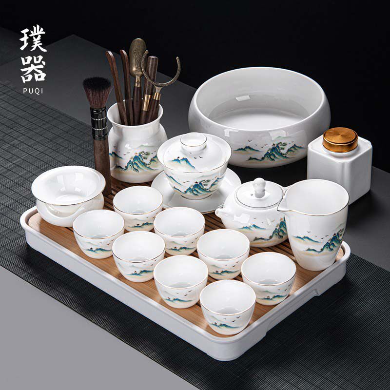 羊脂玉白瓷茶具套装家用办公室会客泡茶壶轻奢高档功夫茶盖碗茶杯