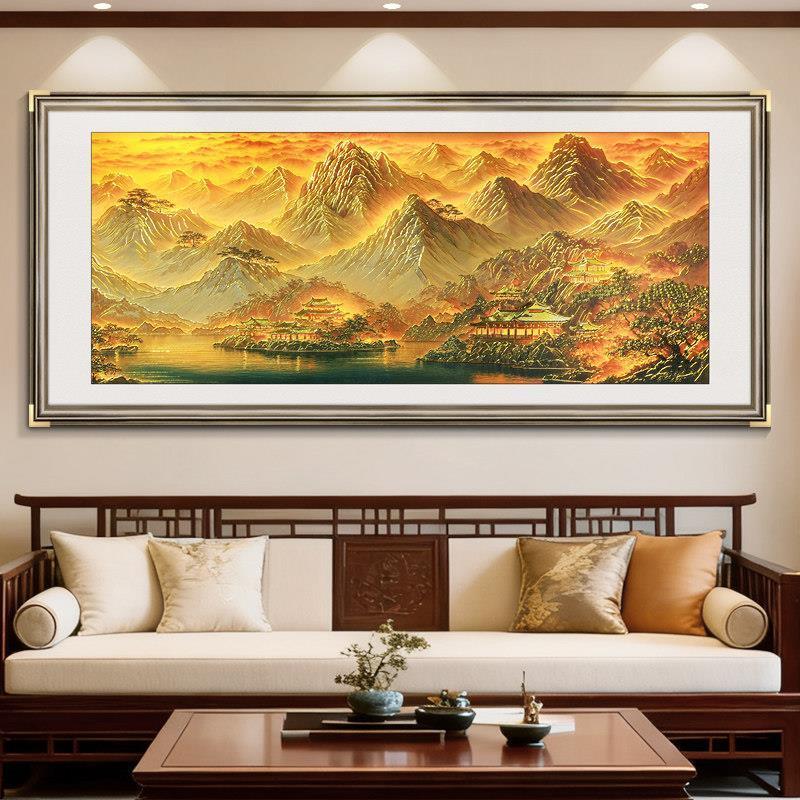 财满金山浮雕描金新中式风景装饰画客厅沙发背景墙挂画餐厅山水画