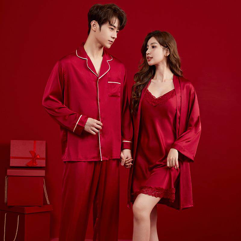 红色结婚睡衣新婚情侣套装冰丝晨袍新郎新娘婚用婚礼2025新款春秋