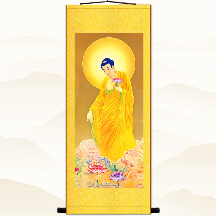 高清阿弥陀佛接引佛图挂画 佛堂中式装饰画 绢布材质卷轴挂画定制 - 实物图