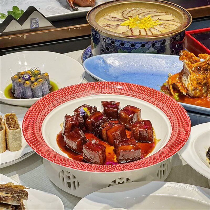 红边酒店大号炉盘圆形陶瓷盘蜡烛保温加热明炉红烧肉中式特色餐具