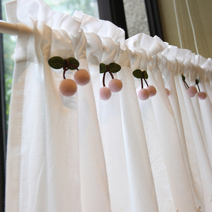 鸢尾乡旅粉色樱桃绣花布法式乡村美式小半帘门帘窗帘免打孔咖啡帘