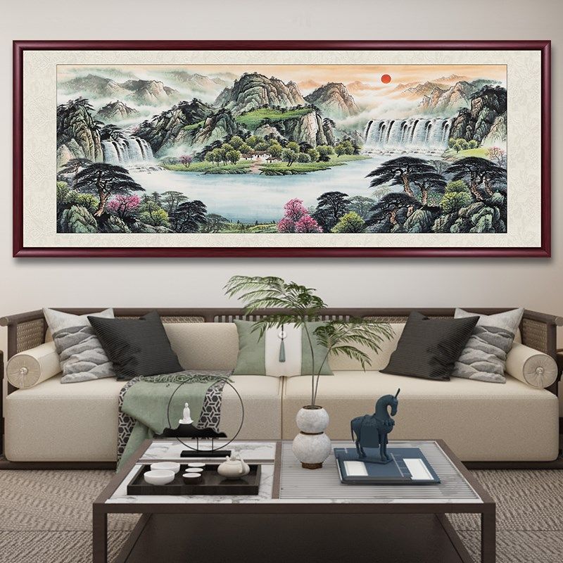 东墙客厅挂画旭日东升聚宝盆办公室客厅山水国画沙发背景墙靠山图