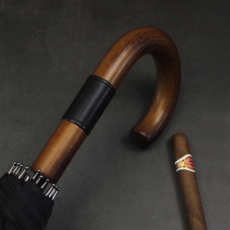 16骨实木手柄自动雨伞加大加固双人抗风暴长柄伞英伦商务风纯色伞