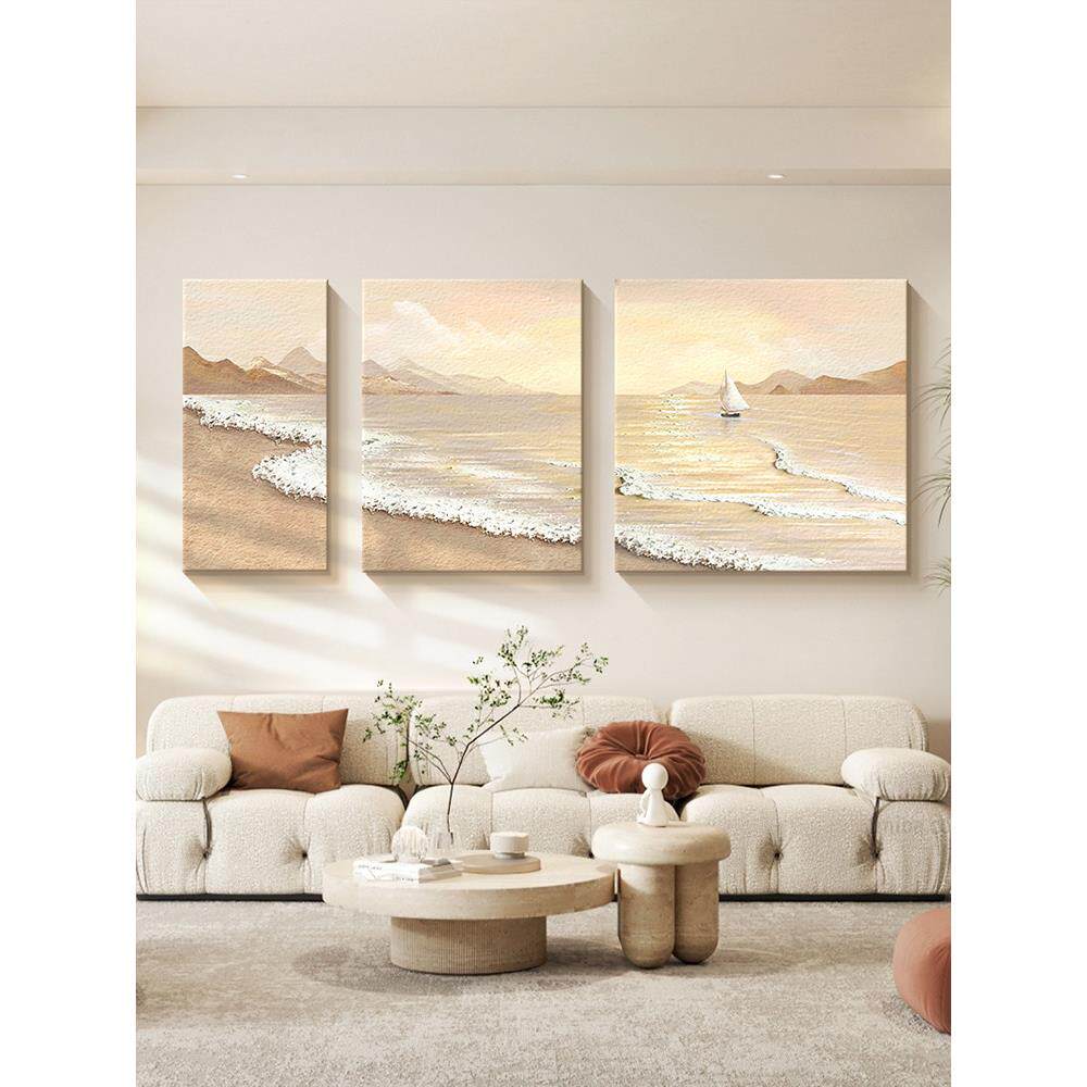 现代简约客厅装饰画一帆风顺高级感挂画沙发背景墙砂岩三联肌理画