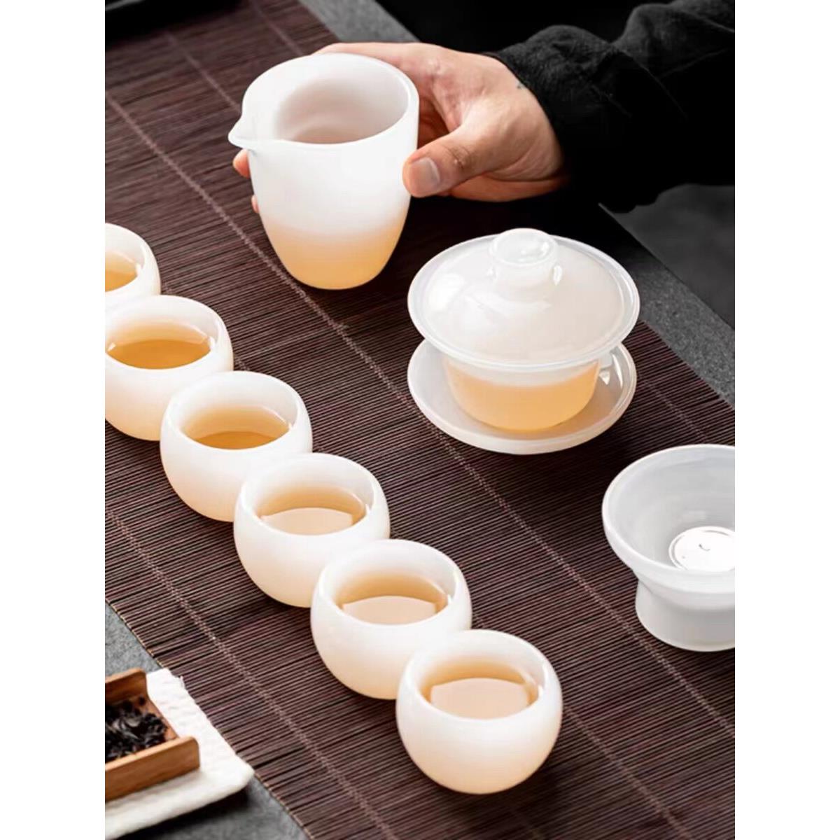 全套一整套琉璃茶具多彩白琉璃茶具玉瓷中国风茶壶羊脂白玉瓷茶杯