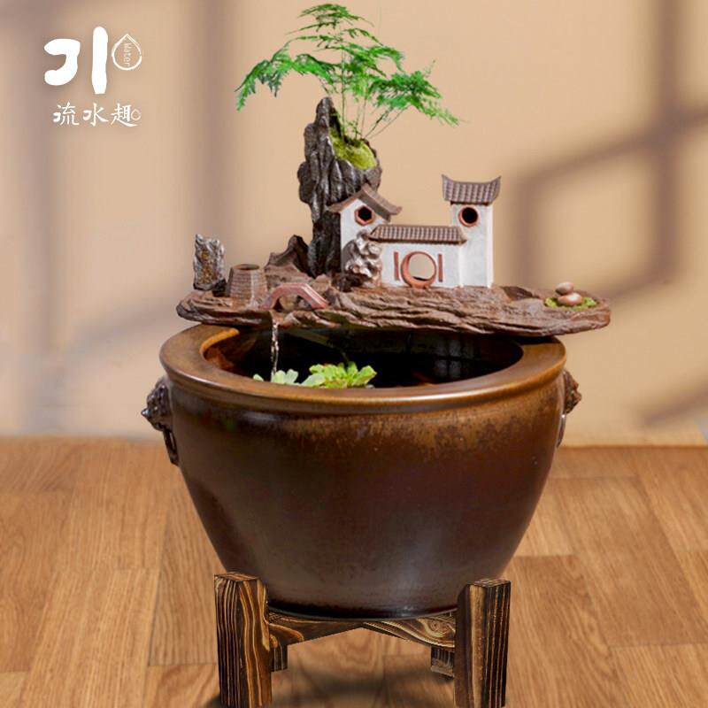 陶瓷流水培鱼缸水缸阳台造景循环荷花庭院老式门海办公室客厅落地