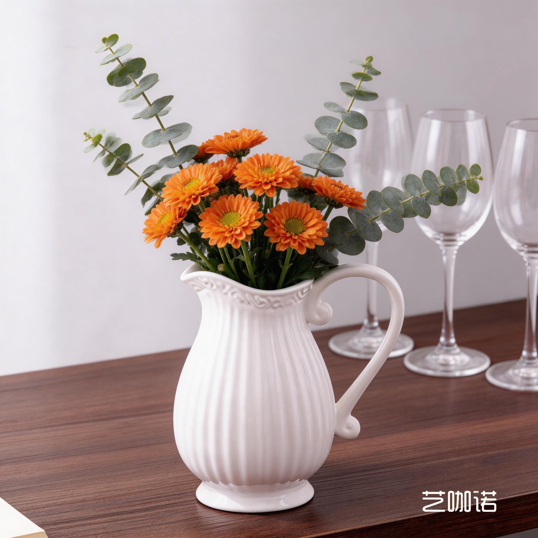 地中海现代创意奶壶简约陶瓷花瓶白色蓝色客厅水培餐桌插花摆件