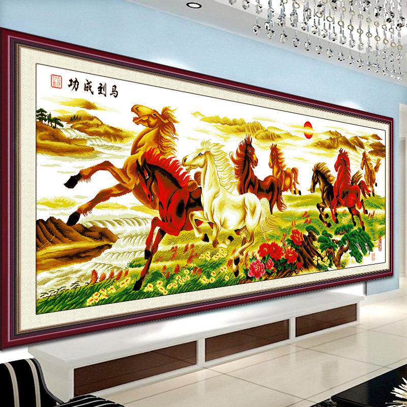 纯手工绣好的十字绣成品马到成功八骏图八骏马客厅办公室带框出售