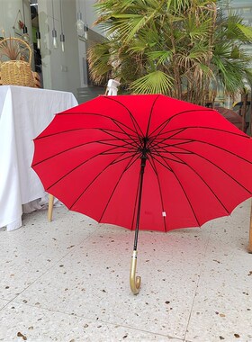 16K半自动红色无黑胶长柄直骨日单晴雨伞防紫外线简约抗风木柄