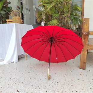 16K半自动红色无黑胶长柄直骨日单晴雨伞防紫外线简约抗风木柄