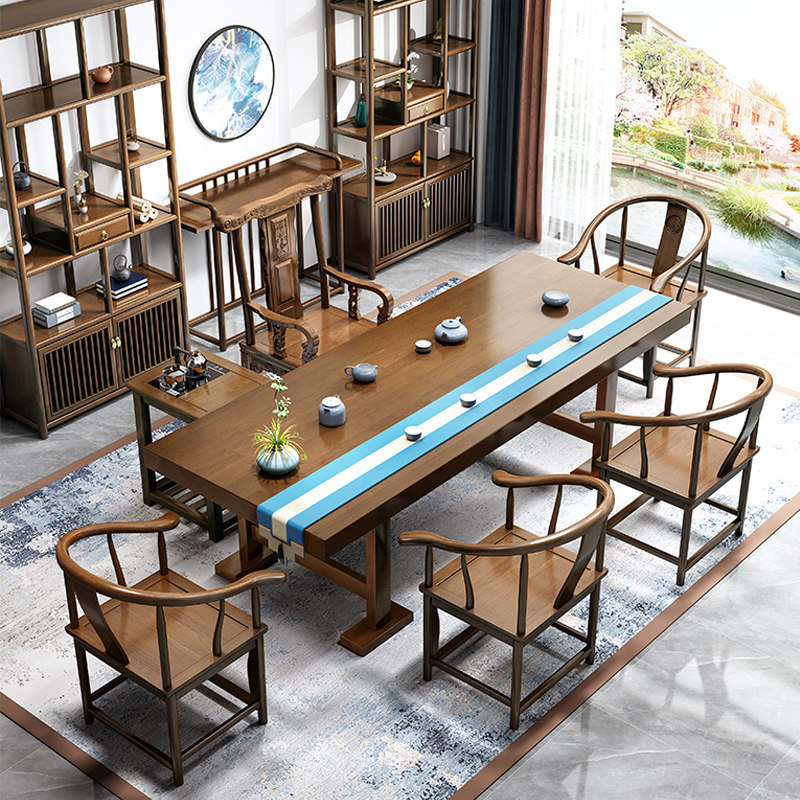 大板茶桌椅组合一桌五椅新中式原木功夫茶台办公室实木茶几喝茶桌,住宅家具,茶几,淘宝优惠券,粉丝福利购,淘宝优惠卷