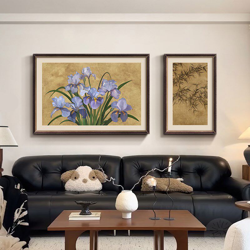 中古风花卉客厅装饰画法式奶油风沙发背景墙挂画复古组合壁画横版