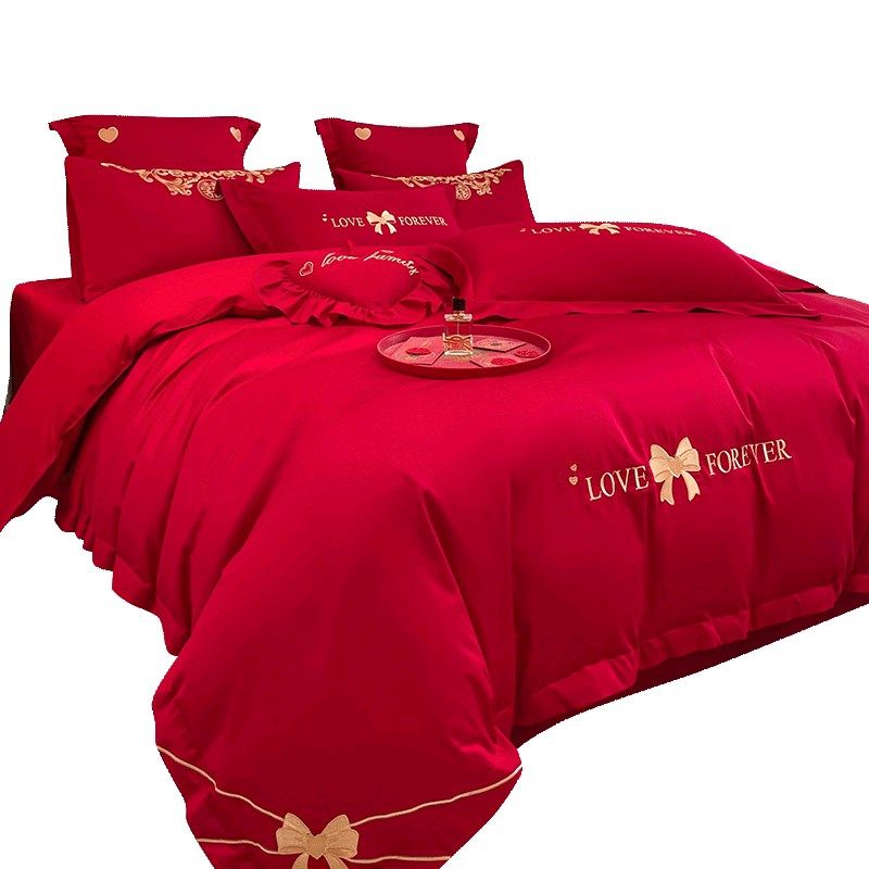 新婚嫁床上四件套结婚床品婚庆喜庆被套婚礼红色床单床笠婚房被罩