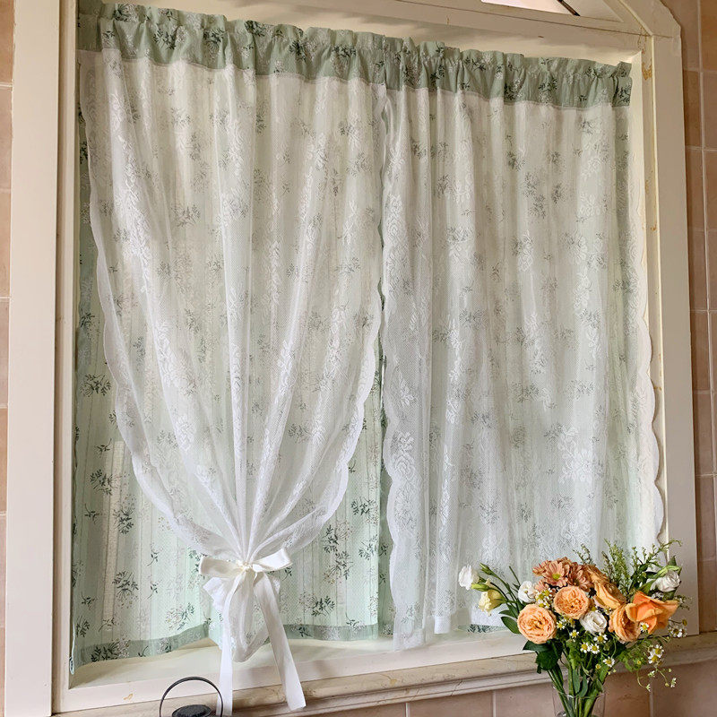 法式田园魔术贴纱布一体透光不透人碎花双层窗帘免打孔蕾丝窗纱帘,居家布艺,定制窗帘,淘宝优惠券,粉丝福利购,淘宝优惠卷