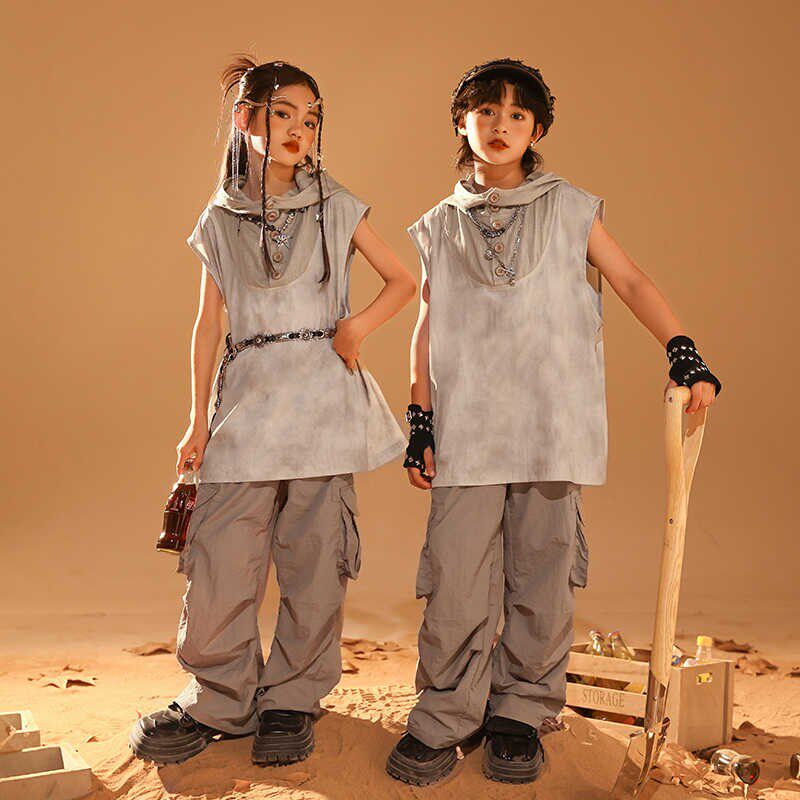 儿童嘻哈街舞服男童酷帅连帽背心架子鼓服女孩子爵士舞走秀表演服