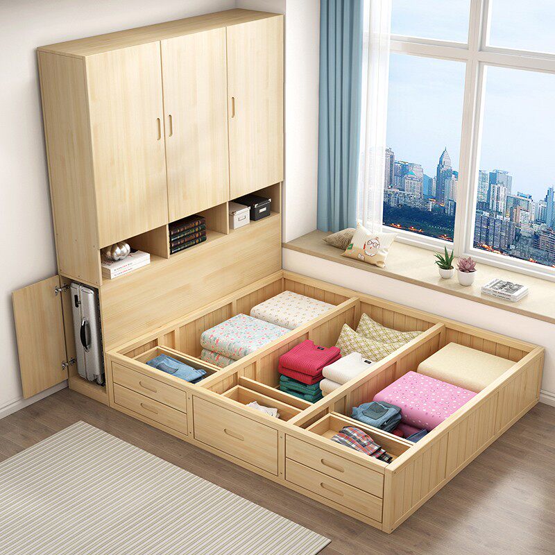 全实木衣柜一体床收纳气压高箱床床头储物床榻榻米1.8米地台定制