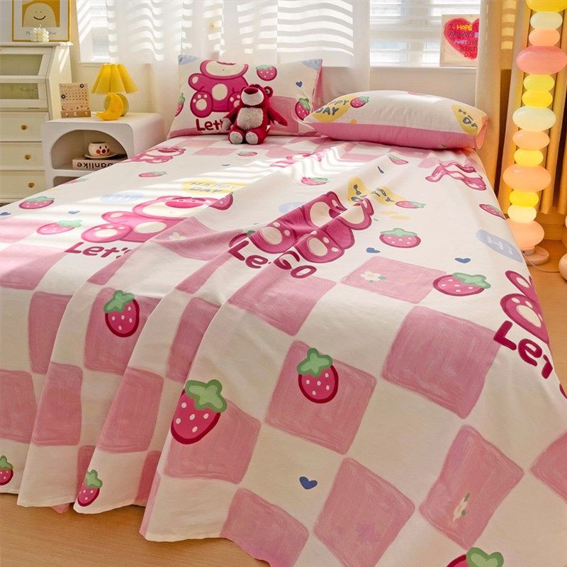 草莓熊儿童床单单件纯棉100全棉女孩可爱宿舍粉色被单单人三件套