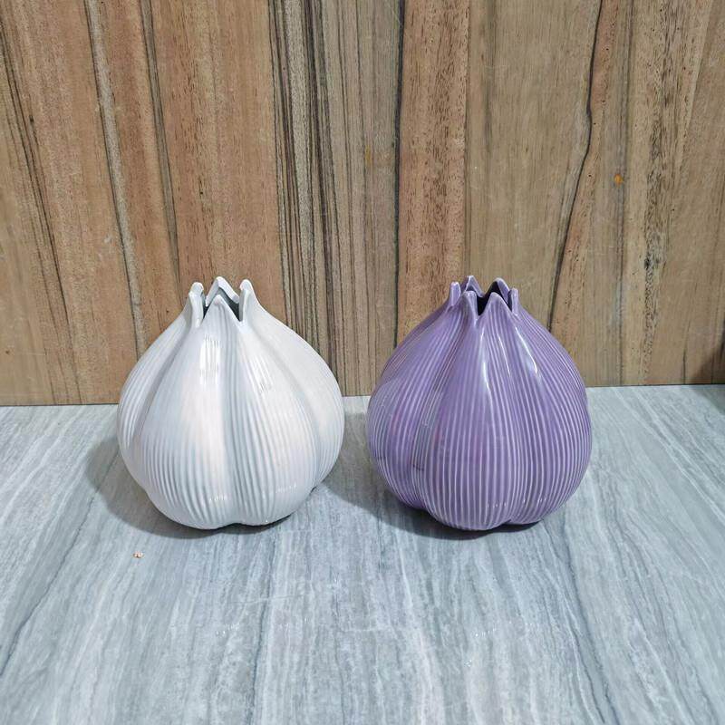 陶瓷花瓶蒜头花瓶家居摆件紫色白色桌面摆饰花器工艺品花艺瓶